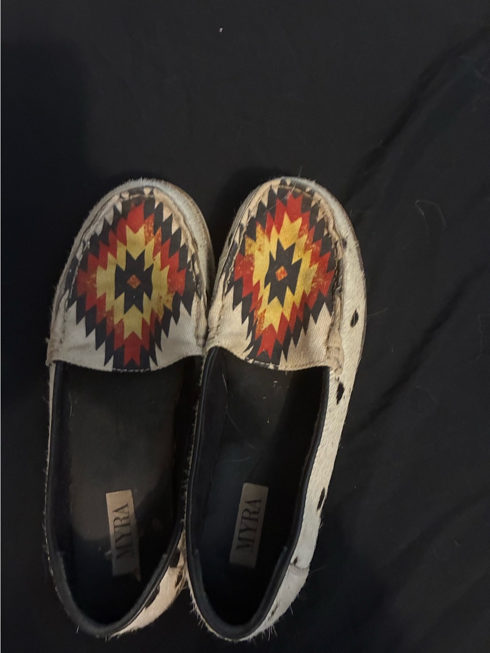 Myra Bag White Slip-On Flats with Red, Yellow & Black Aztec Pattern